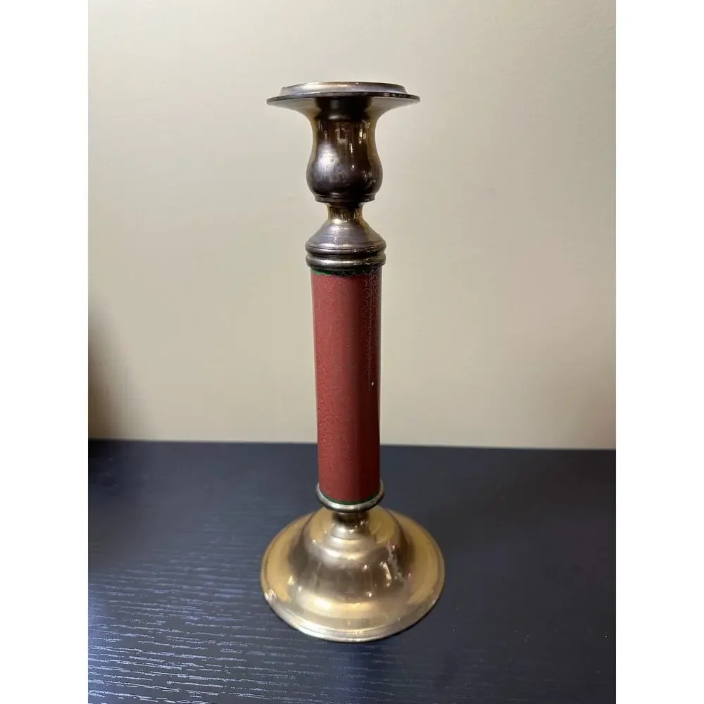 Vintage Brass Cloisonne Panda Bamboo Taper Candlestick Holder Red Enamel 9.5 in.